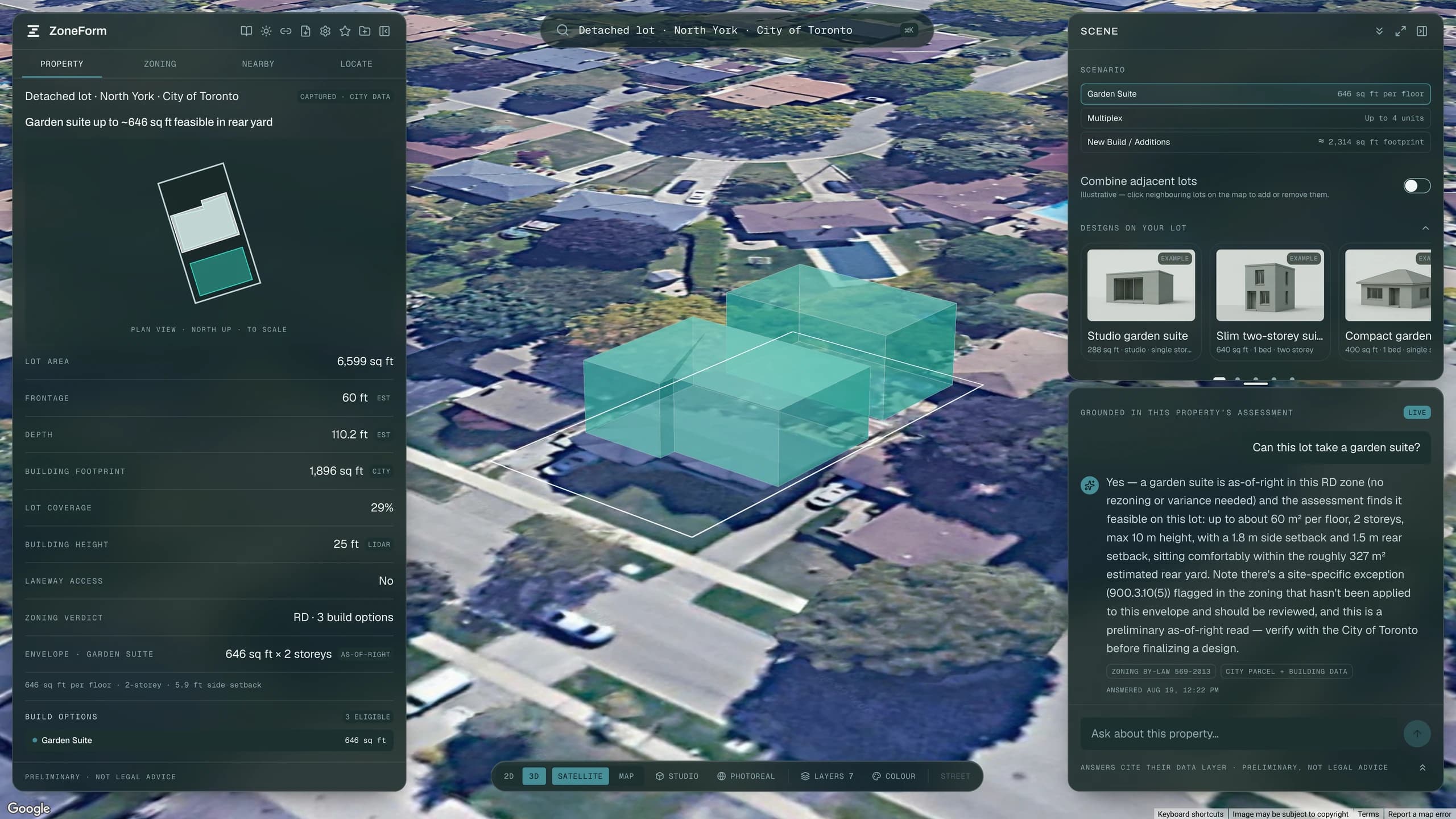 The ZoneForm workspace on a Toronto lot: a buildable envelope drawn in 3D over satellite imagery, with the property panel open beside it.