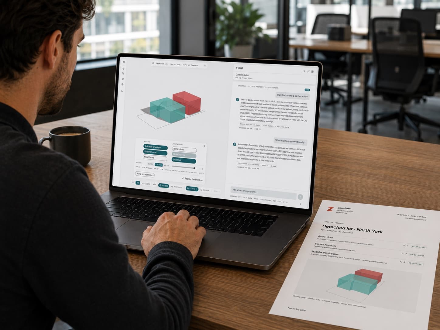 A developer reviewing a ZoneForm scenario ladder on a laptop, with a printed site plan on the desk beside it.