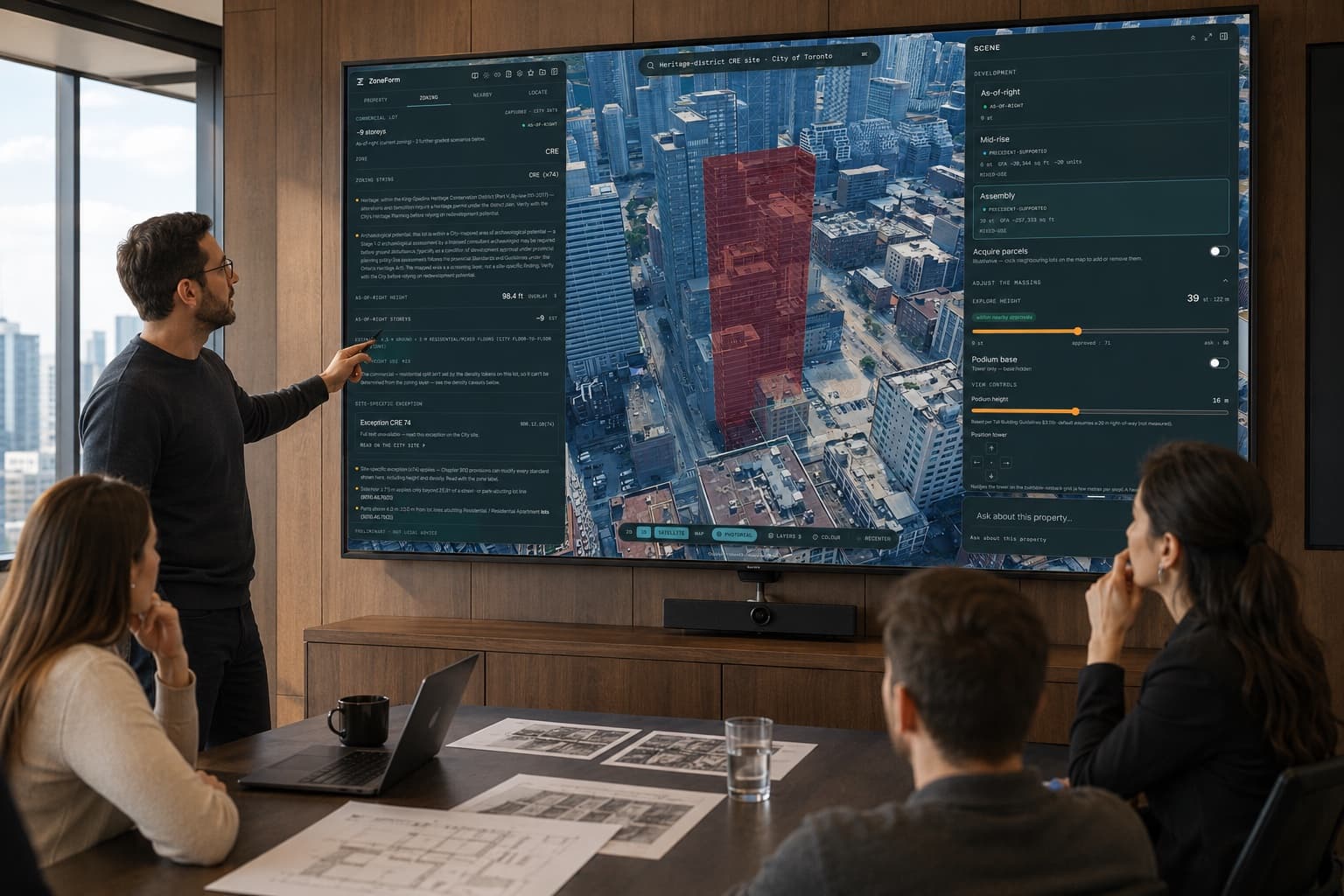A planner reading a ZoneForm site context report on screen, with the parcel outline shown on a second monitor.