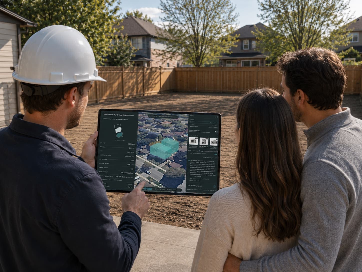 A design-build professional showing a homeowner a garden suite envelope on their own lot, on a phone, standing on the driveway.
