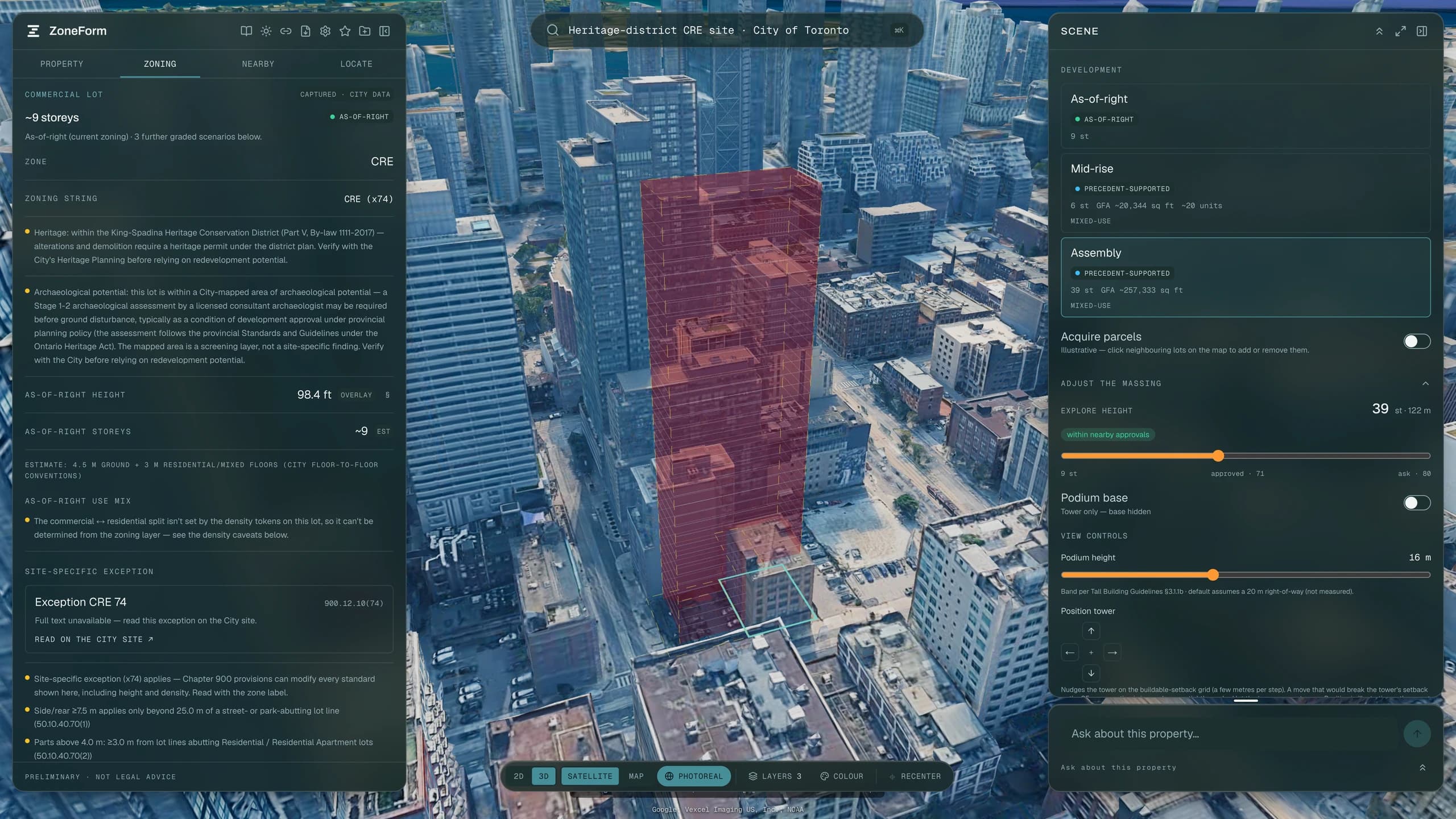 A downtown Toronto parcel in ZoneForm with neighbouring lots assembled and a scenario ladder open beside the massing.